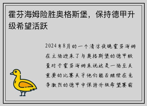霍芬海姆险胜奥格斯堡，保持德甲升级希望活跃